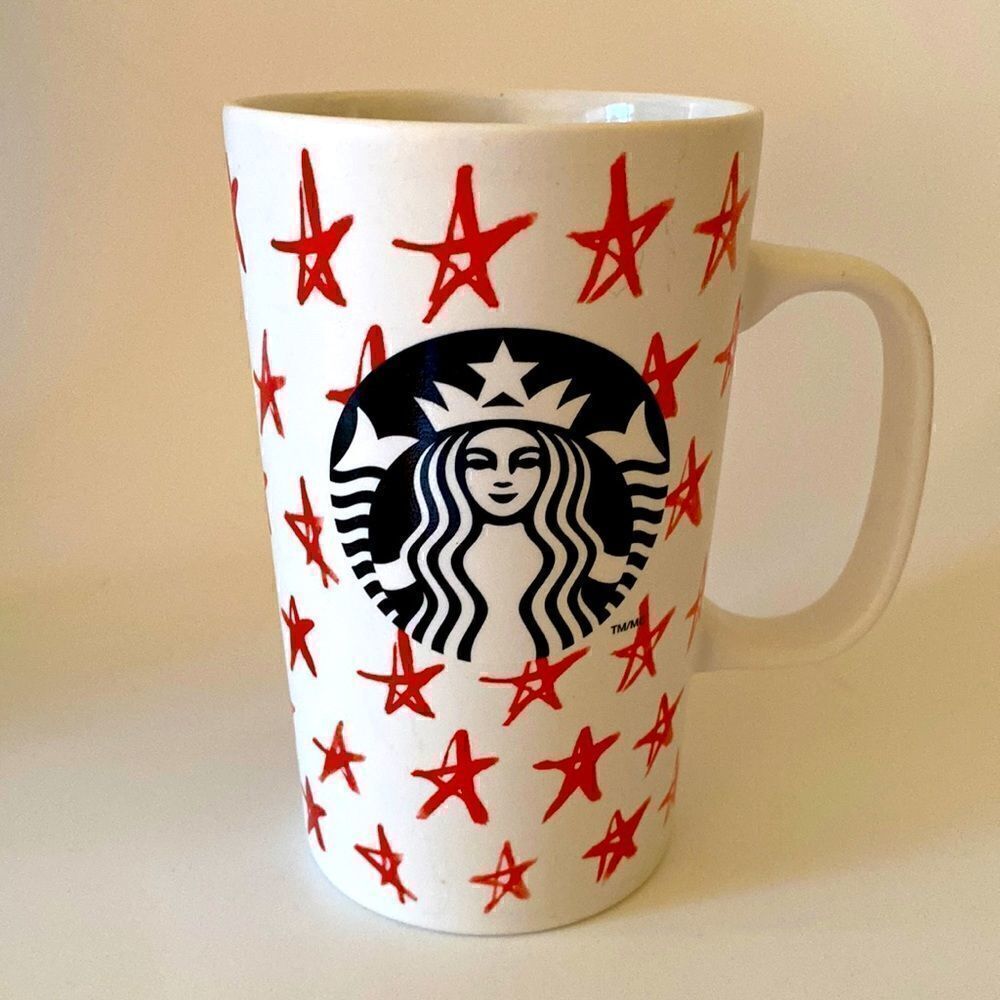 Starbucks White Red Stars 2014 Coffee Cup Mug Mermaid Logo 16oz